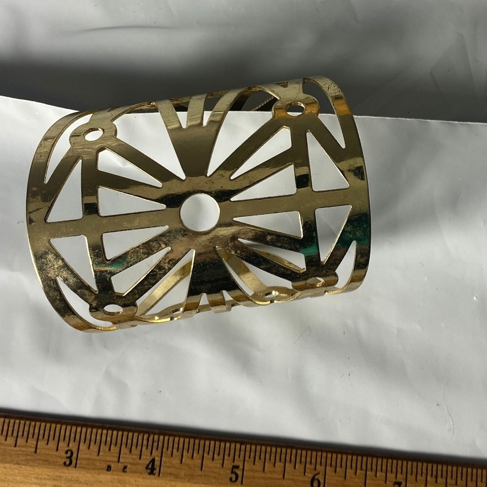 Gold Tone Metal Cutout Geometric Cuff Bracelet Statement Bangle